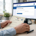 Une Personne Tient Un Certificat De Décès Français à Un Bureau, Avec Un Site Web De Services Gouvernementaux En Ligne Affiché Sur Un écran D'ordinateur à L'arrière Plan.