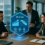 Trois Professionnels Discutent D'un écran Holographique éclairé Montrant Des Graphiques Et Des Icônes étiquetés Sur Le Marketing, Le Droit Et La Stratégie Dans Un Bureau Moderne.