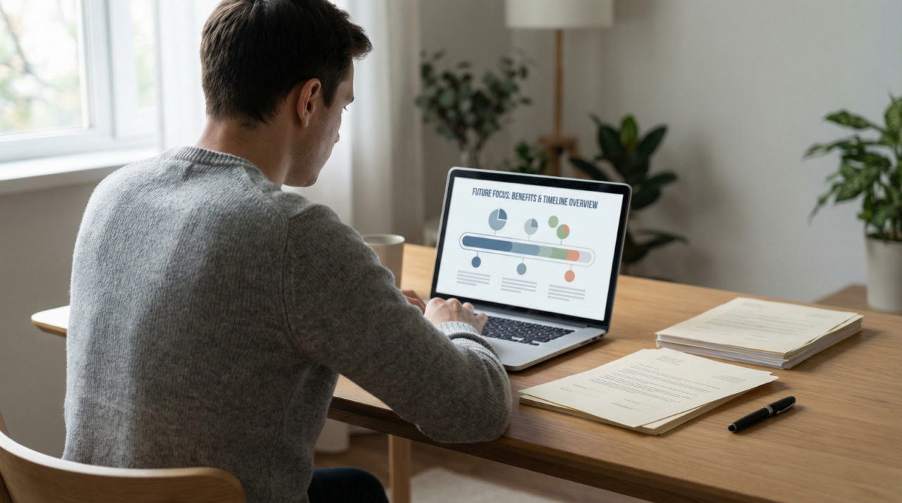 Un Homme Est Assis à Un Bureau, Travaillant Sur Un Ordinateur Portable Affichant Un Diagramme D'entreprise, Avec Des Papiers Et Un Stylo à Côté De Lui, Dans Un Bureau à Domicile.
