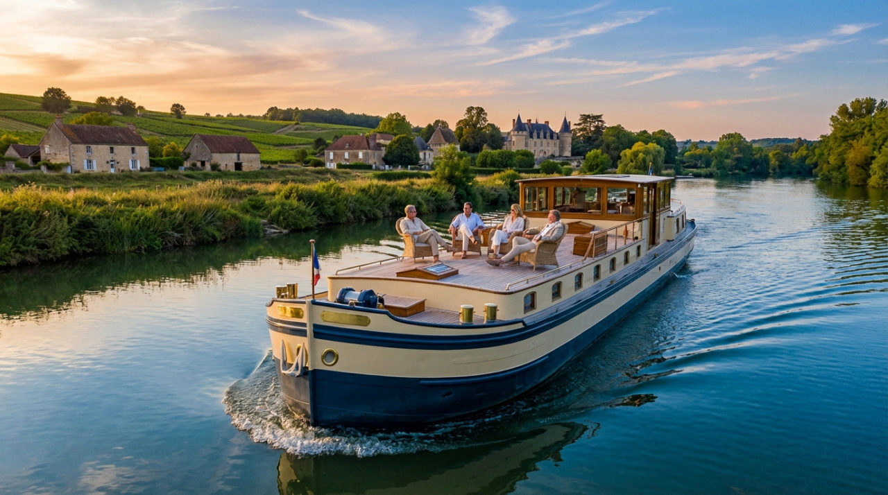 Un Groupe De Personnes Est Assis Et Se Détend Sur Le Pont D'une Péniche Fluviale Qui Traverse Un Paysage Rural Pittoresque Avec Des Maisons Et Des Vignobles Au Coucher Du Soleil.