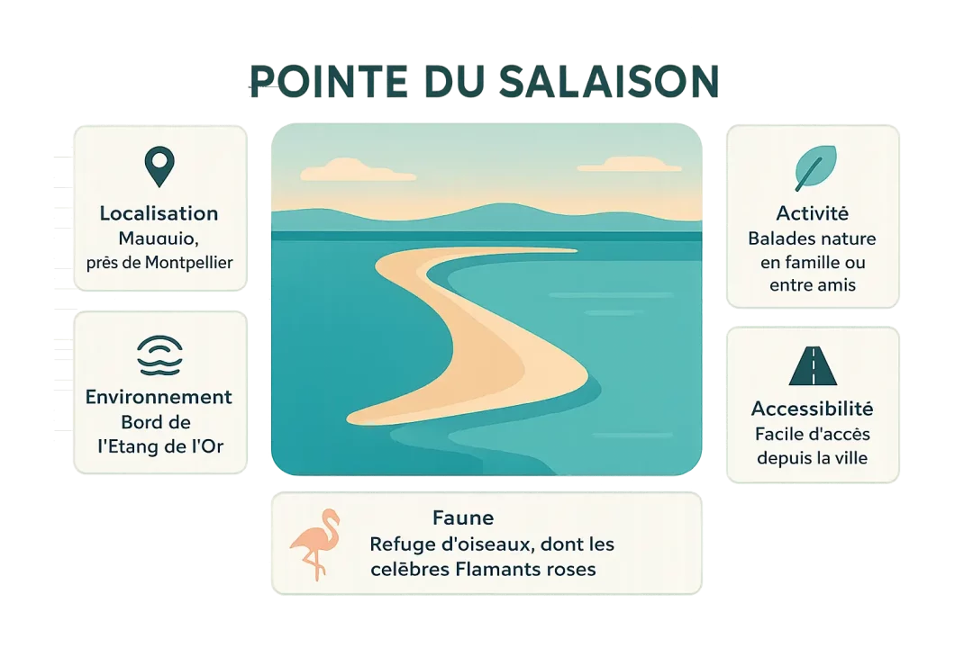 Pointe du Salaison : Un trésor naturel près de Montpellier 2 Infographie de la Pointe du Salaison et de l'Étang de l'Or montrant les sentiers et la faune