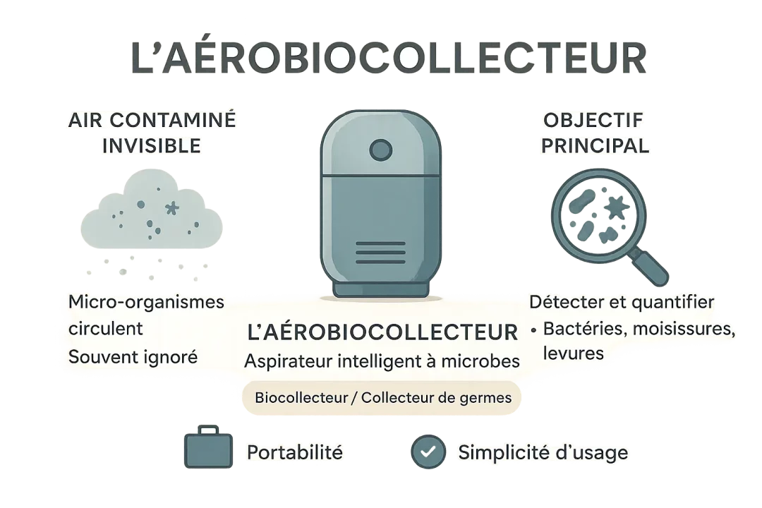 Infographie expliquant le fonctionnement de l'aérobiocollecteur contre l'air contaminé