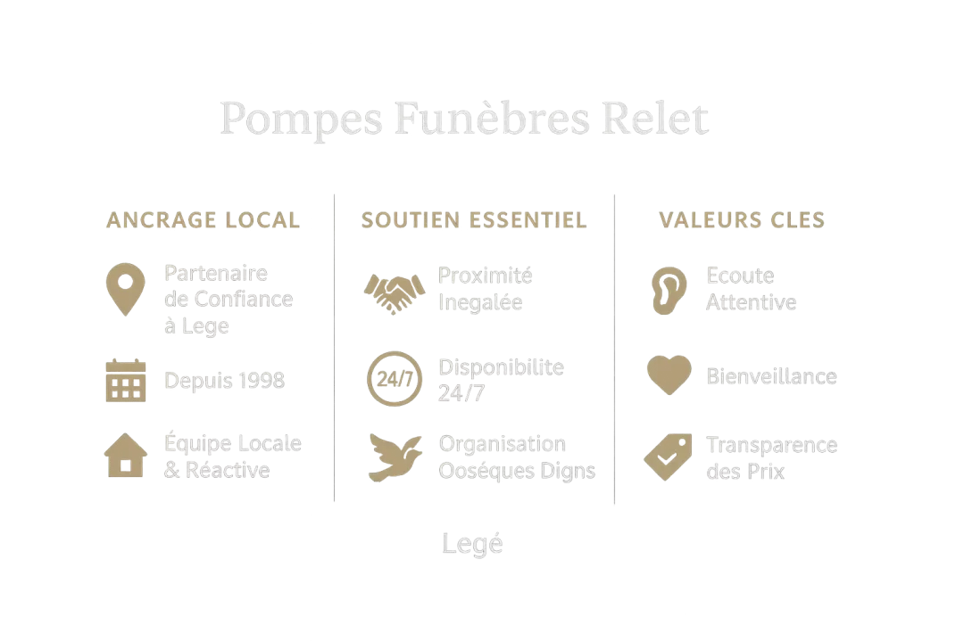 Infographie des valeurs et ancrage local de Pompes Funèbres Relet à Legé