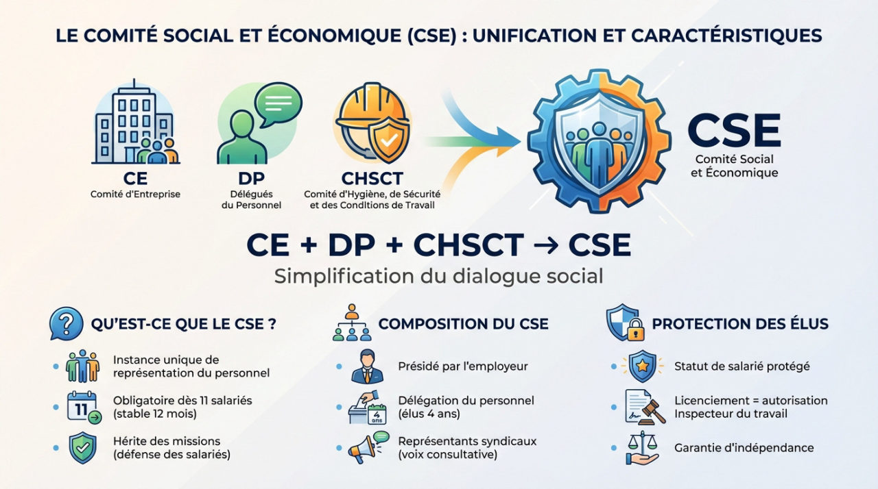 Schéma illustrant le CSE remplaçant les instances CE, DP et CHSCT
