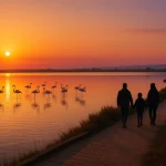 Une Famille Se Promène Sur Un Sentier Au Bord D'un Lac Au Coucher Du Soleil, Avec Des Flamants Roses Se Tenant Dans L'eau Peu Profonde Sous Un Ciel Orange.