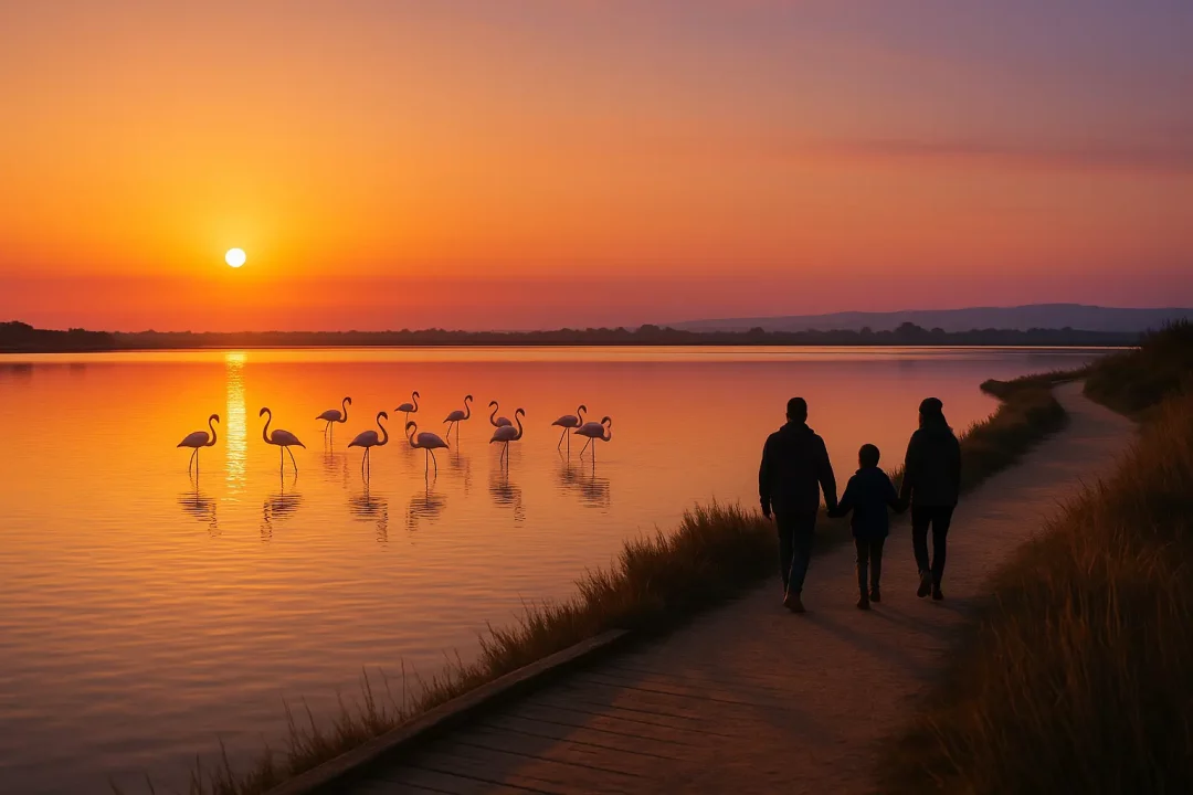 Une Famille Se Promène Sur Un Sentier Au Bord D'un Lac Au Coucher Du Soleil, Avec Des Flamants Roses Se Tenant Dans L'eau Peu Profonde Sous Un Ciel Orange.
