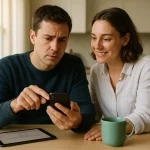 Un Homme Et Une Femme Sont Assis à Une Table Dans Une Cuisine ; L'homme Regarde Son Smartphone Avec Inquiétude Tandis Que La Femme Sourit. Une Tablette Et Un Mug Vert Sont Posés Sur La Table.
