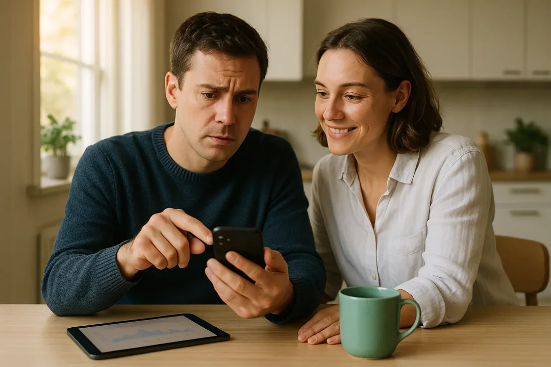 Un Homme Et Une Femme Sont Assis à Une Table Dans Une Cuisine ; L'homme Regarde Son Smartphone Avec Inquiétude Tandis Que La Femme Sourit. Une Tablette Et Un Mug Vert Sont Posés Sur La Table.