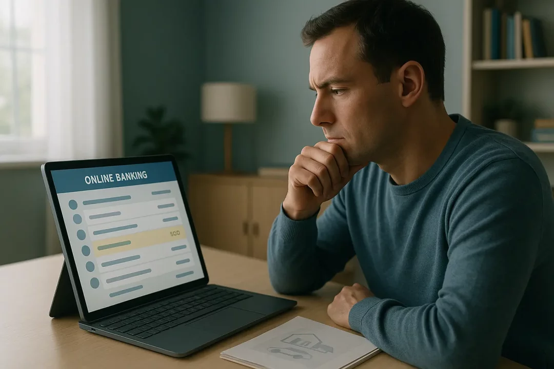 Un Homme Est Assis à Un Bureau Et Regarde Un écran D'ordinateur Portable Affichant Un Résumé De Compte Bancaire En Ligne.