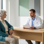 Dans Un Cabinet Médical, Une Femme D'un Certain âge Est Assise En Face D'un Médecin, à Un Bureau En Bois, Et Discute Avec Lui.