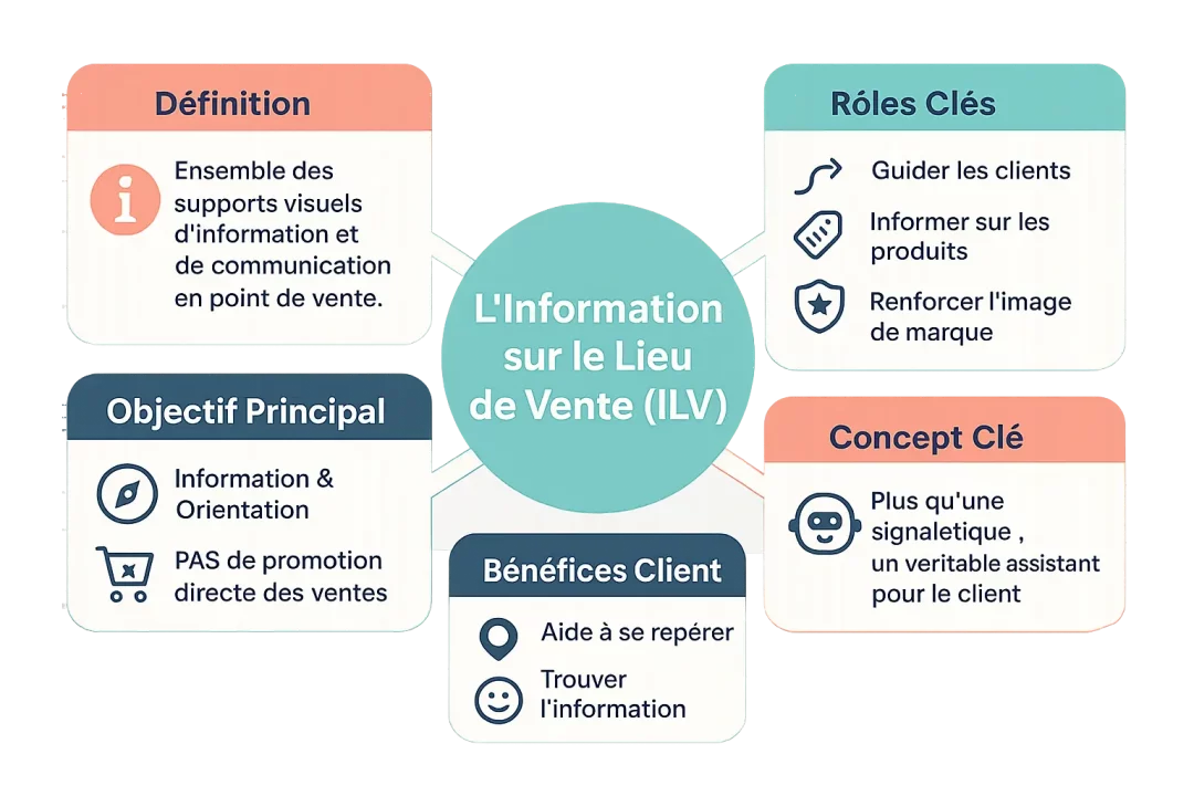 Illustration des supports d'ILV dans un espace commercial, montrant des panneaux d'orientation, des étiquettes et des bornes interactives