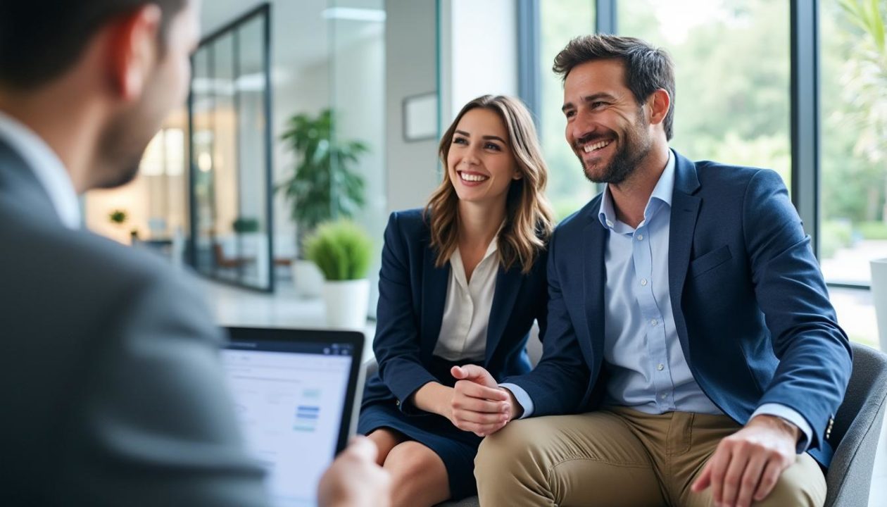Un Homme Et Une Femme En Tenue De Travail Sourient Alors Qu'ils Sont Assis Ensemble Dans Un Bureau Et Parlent Avec Une Autre Personne Dont L'ordinateur Portable Est Visible Au Premier Plan.