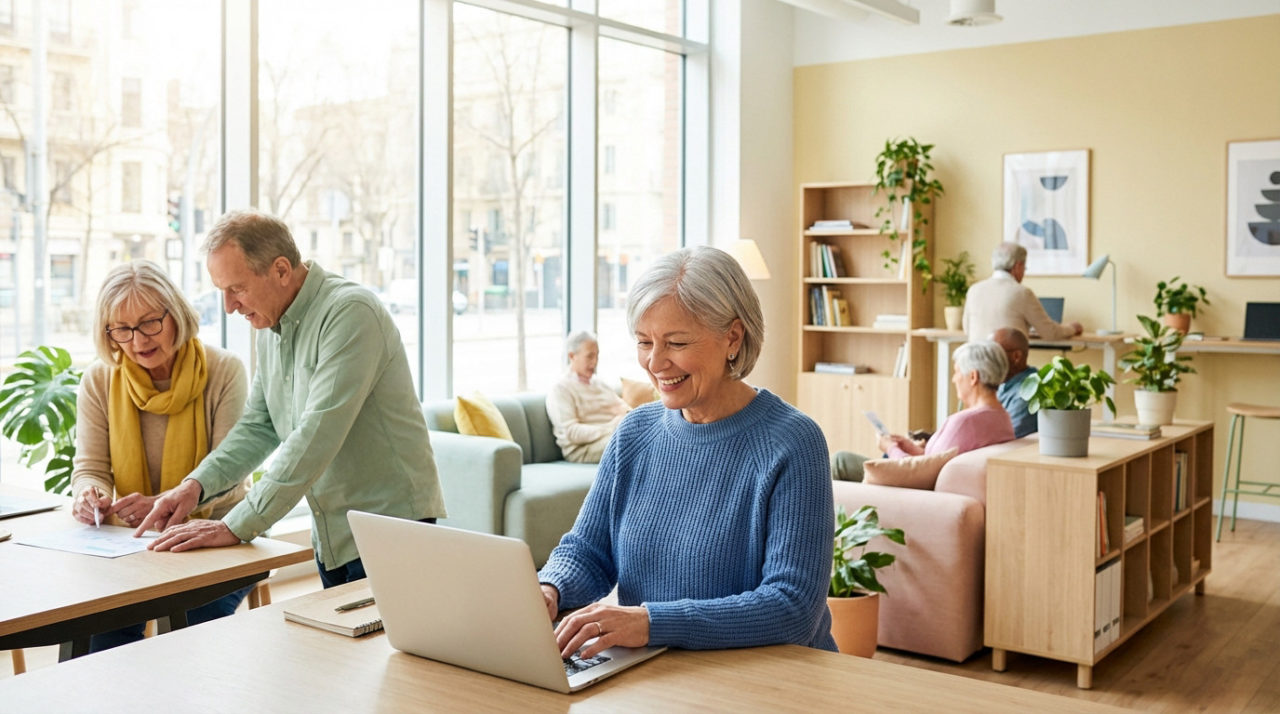 Groupe De Personnes âgées Dans Une Salle Communautaire Moderne Et Lumineuse ; Certains Utilisent Des Ordinateurs Portables, D'autres Lisent Ou Discutent, Entourés De Plantes Et De Meubles En Bois Clair.