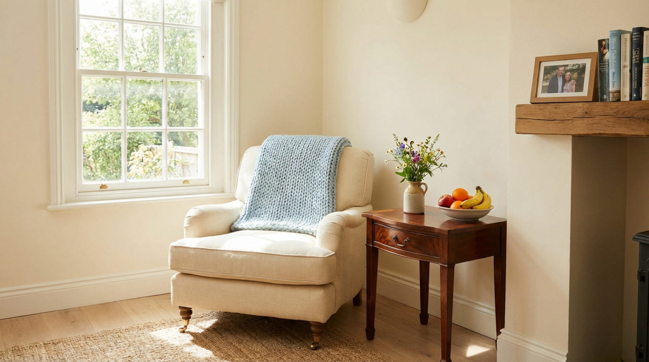 Un Fauteuil Crème Avec Une Couverture Bleue à Côté D'une Table D'appoint En Bois Contenant Un Vase De Fleurs Et Une Coupe De Fruits, Placée Près D'une Fenêtre Dans Une Pièce Lumineuse.
