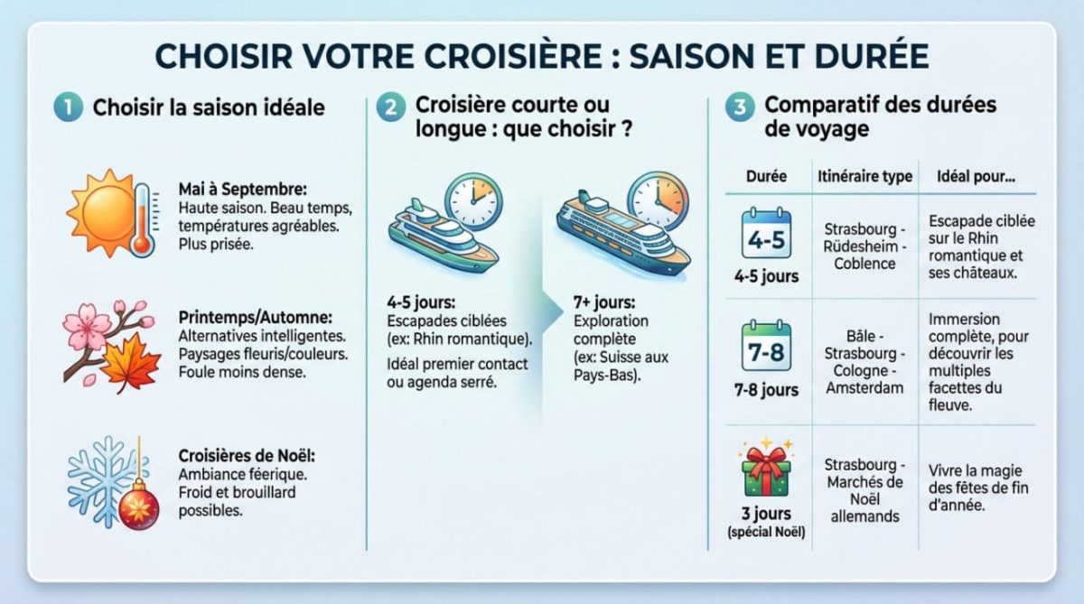 Infographie Présentant Les Choix De Croisières Par Saison Et Durée, Avec Des Icônes Pour La Météo, Les Navires, Et Un Tableau Comparant Les Itinéraires De Croisières Sur Le Rhin De 3 à 8 Jours.