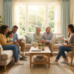 Trois Générations D'une Famille Sont Assises Ensemble Dans Un Salon Lumineux, Discutant Et Souriant, La Lumière Du Soleil Passant à Travers De Grandes Fenêtres Derrière Eux.