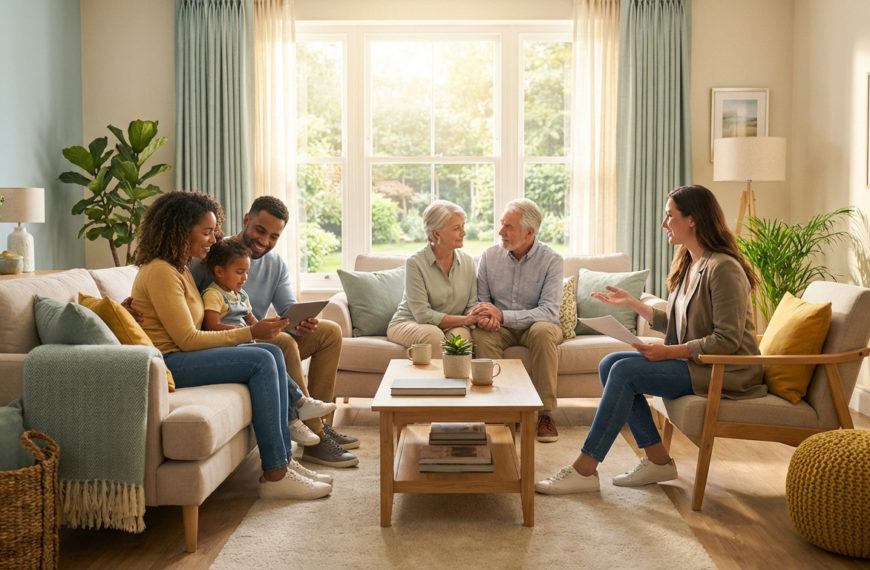 Trois Générations D'une Famille Sont Assises Ensemble Dans Un Salon Lumineux, Discutant Et Souriant, La Lumière Du Soleil Passant à Travers De Grandes Fenêtres Derrière Eux.