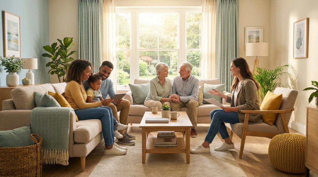 Trois Générations D'une Famille Sont Assises Ensemble Dans Un Salon Lumineux, Discutant Et Souriant, La Lumière Du Soleil Passant à Travers De Grandes Fenêtres Derrière Eux.