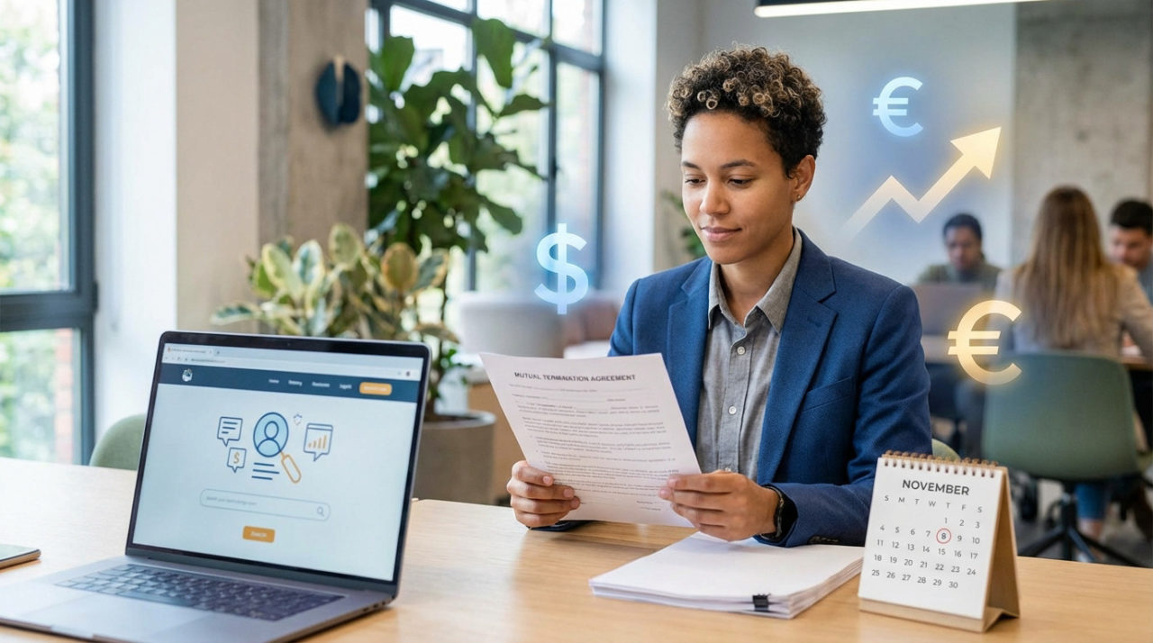 Une Personne En Tenue De Travail Lit Un Document Sur Un Bureau Où Se Trouvent Un Ordinateur Portable, Un Calendrier Et Des Symboles Financiers, Dans Un Environnement De Bureau Moderne.