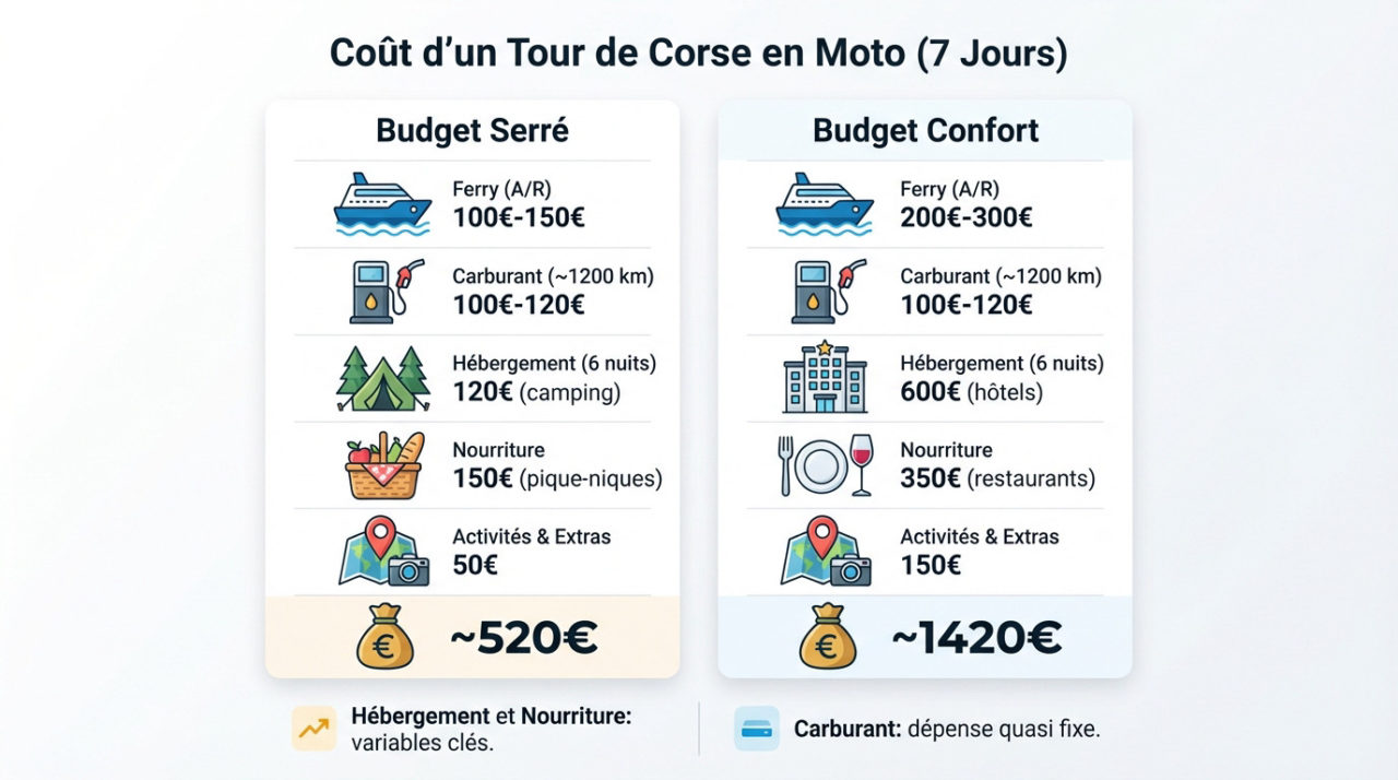 Tableau comparatif des coûts pour un road trip moto en Corse sur 7 jours