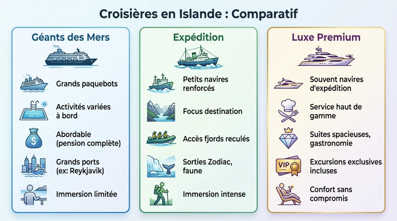 Comparatif entre navire d'expédition et grand paquebot pour une croisière en Islande