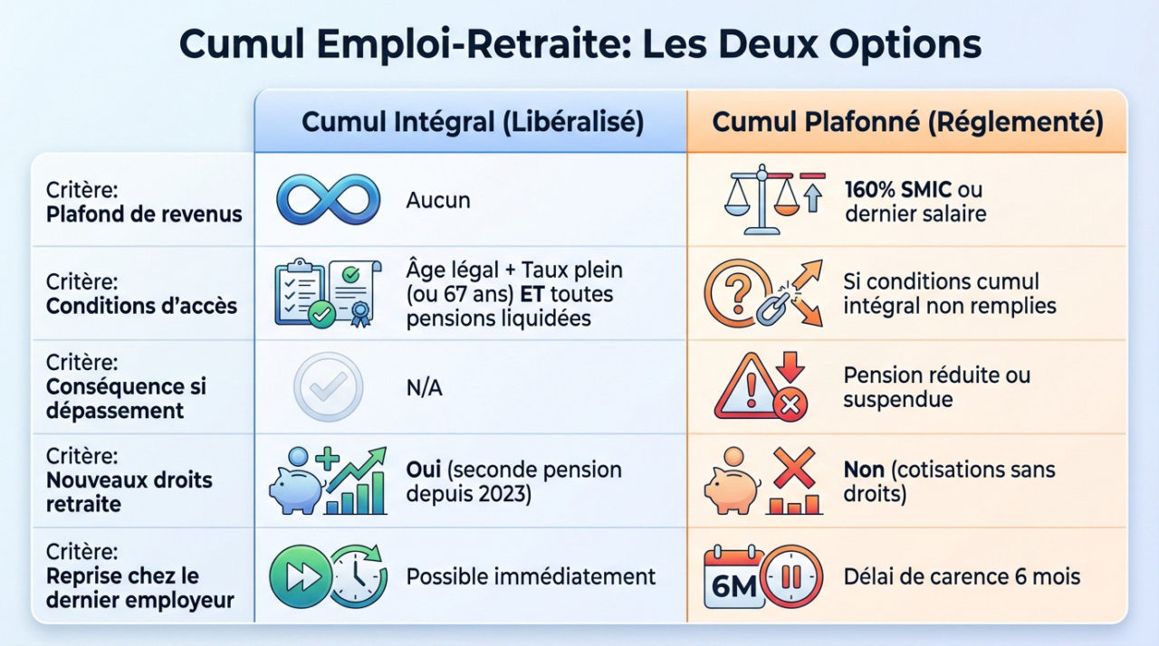 Comparaison entre le cumul emploi-retraite intégral et le cumul plafonné