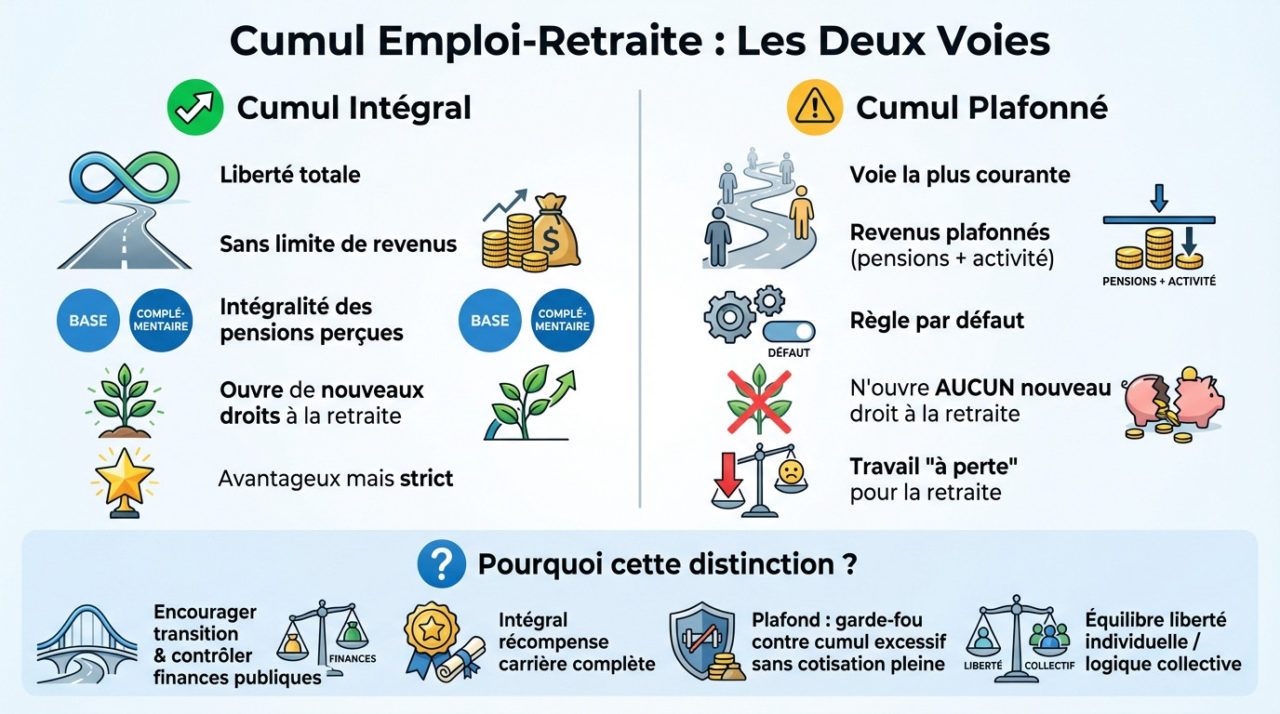 Comparaison entre le cumul emploi-retraite intégral et le cumul plafonné