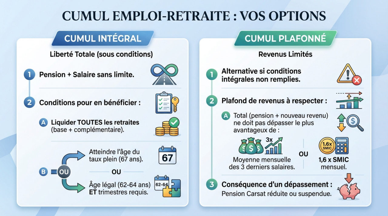 Schéma explicatif des options de cumul emploi-retraite : intégral ou plafonné