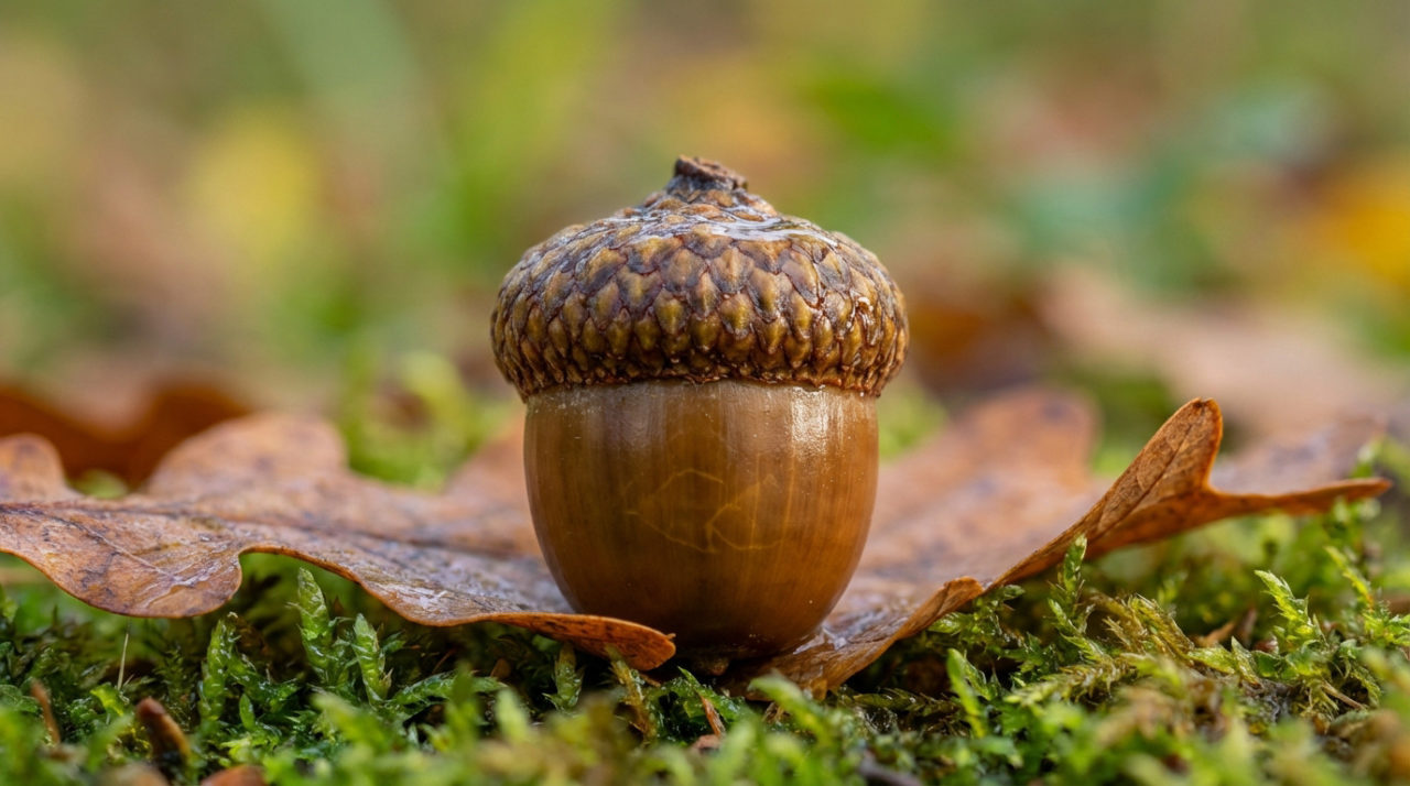 Detailed Acorn On Mossy Forest Floor