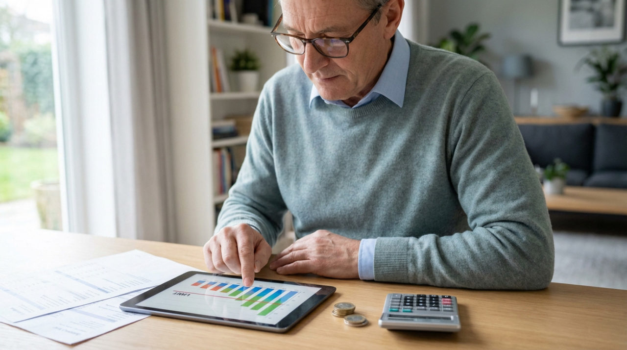 Un Homme Portant Des Lunettes Examine Un Diagramme à Barres Coloré Sur Une Tablette à Un Bureau Où Se Trouvent Des Documents, Des Pièces De Monnaie Et Une Calculatrice.