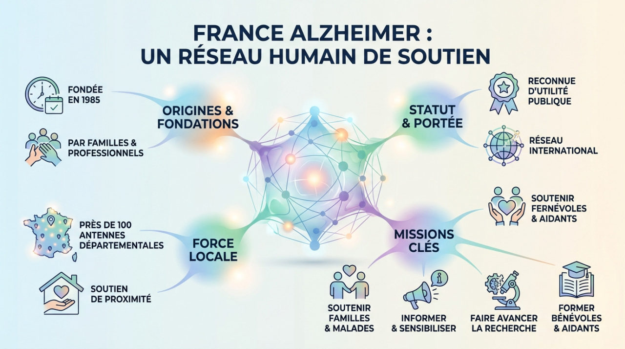 Bénévoles et professionnels de France Alzheimer accompagnant une famille dans un moment d'échange convivial