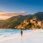 Golden Hour Coastal Panorama Beach Village Mountains