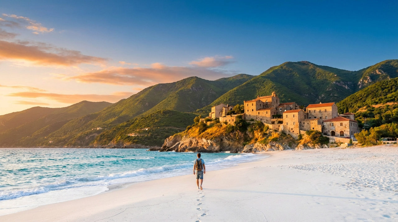 Golden Hour Coastal Panorama Beach Village Mountains