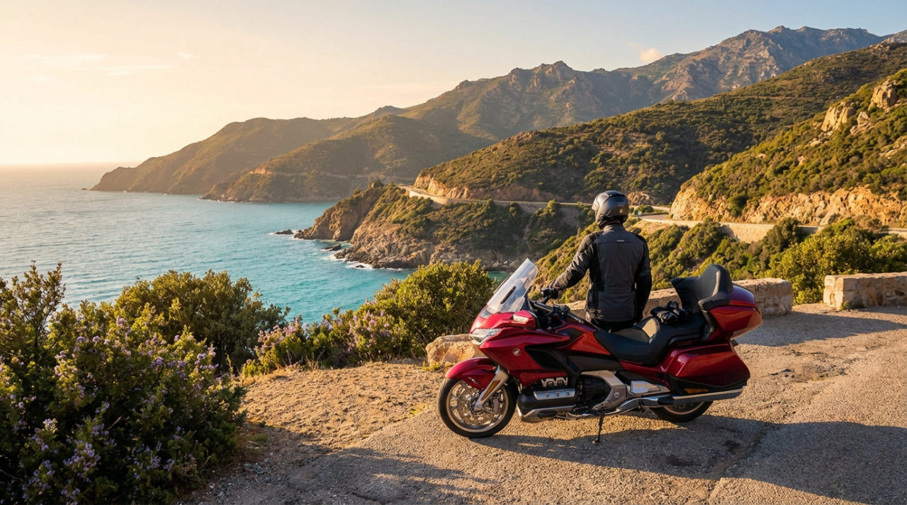 Golden Hour Motorcycle View On Corsicas Coast