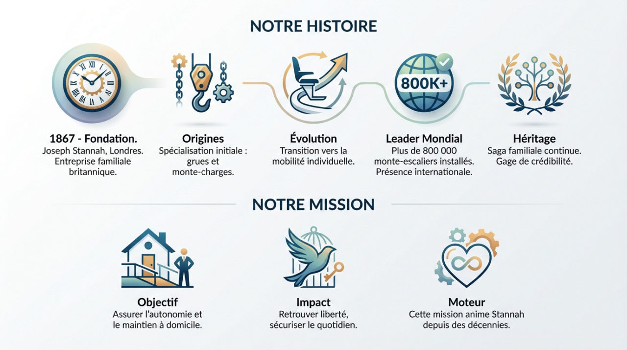 Infographie retraçant l'histoire de Stannah depuis 1867 et sa mission d'autonomie