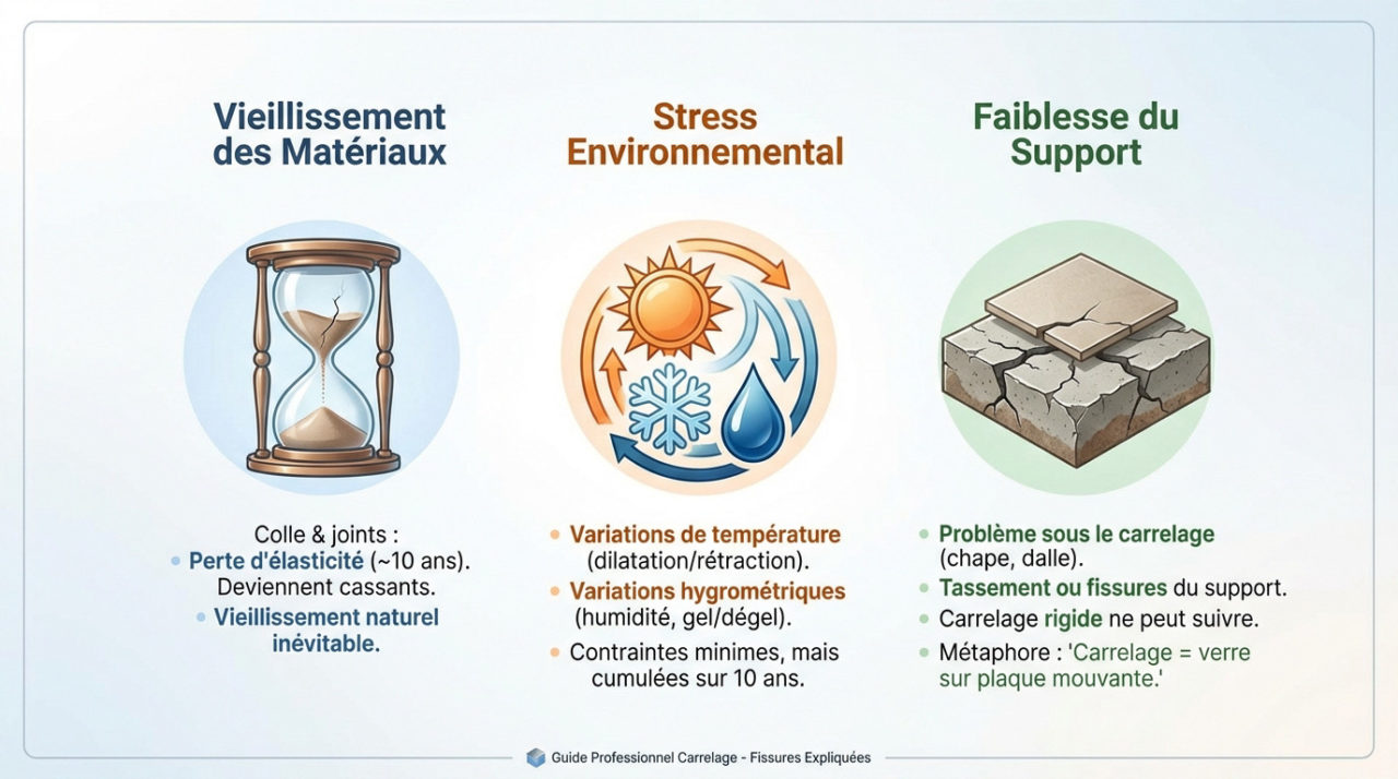 Schéma illustrant les causes de fissures de carrelage : mouvements du support et dilatation thermique