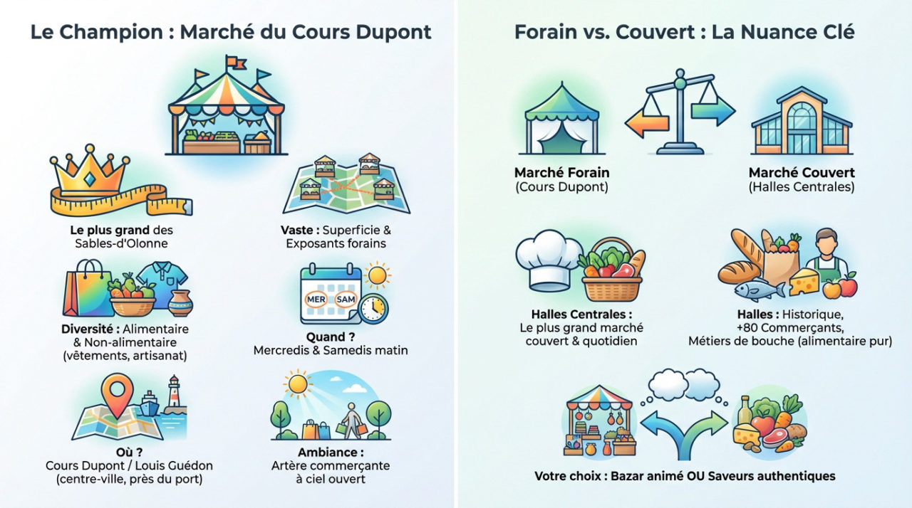 Comparaison entre le marché forain du Cours Dupont et les Halles Centrales des Sables-d'Olonne
