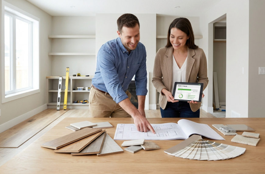 Deux Personnes Examinent Des Plans D'architecture Et Des échantillons De Matériaux Sur Une Table Dans Une Pièce Moderne Et Inachevée ; L'une D'elles Tient Une Tablette Affichant Un Document.