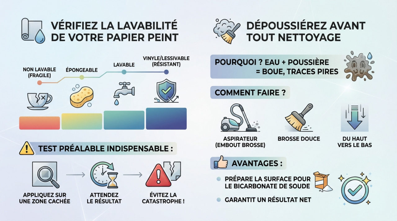 Femme dépoussiérant un mur avec un chiffon doux avant de nettoyer le papier peint