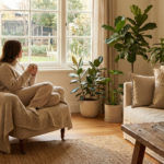 Une Femme Est Assise Dans Un Fauteuil Avec Une Tasse, Regardant Par La Fenêtre Dans Un Salon Confortable Avec Des Plantes D'intérieur Et Des Meubles Aux Couleurs Neutres.