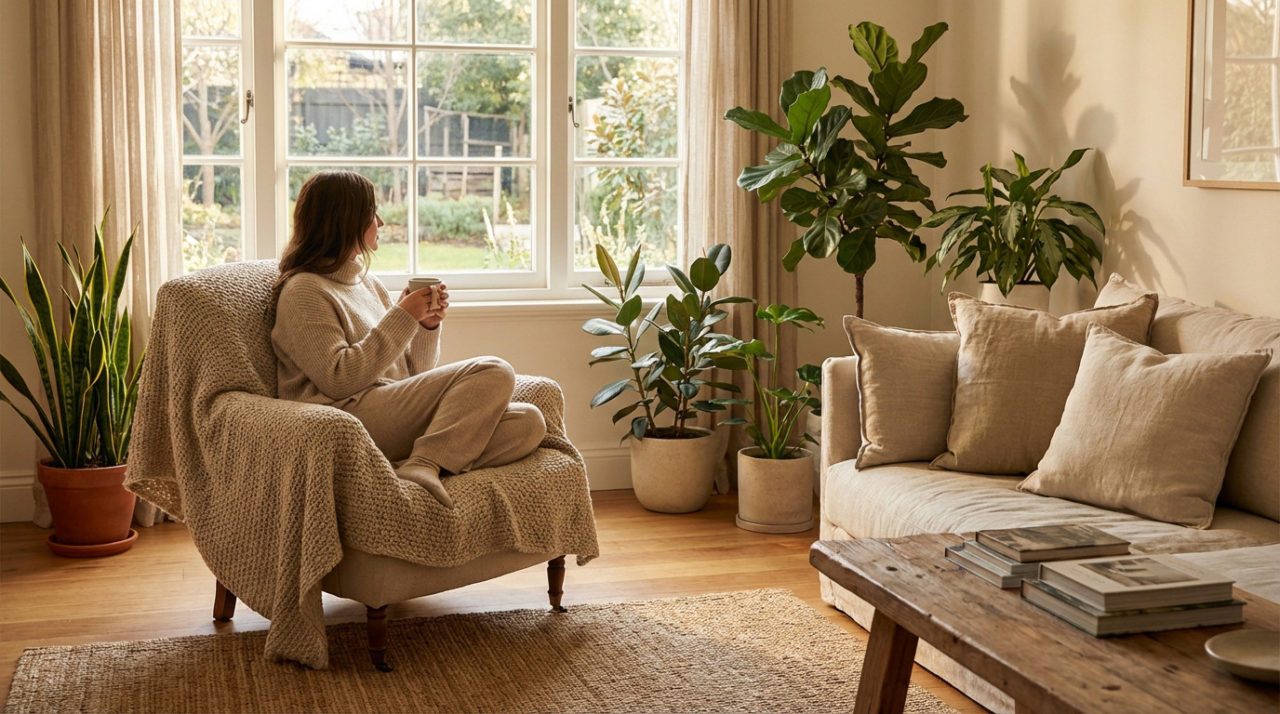 Une Femme Est Assise Dans Un Fauteuil Avec Une Tasse, Regardant Par La Fenêtre Dans Un Salon Confortable Avec Des Plantes D'intérieur Et Des Meubles Aux Couleurs Neutres.