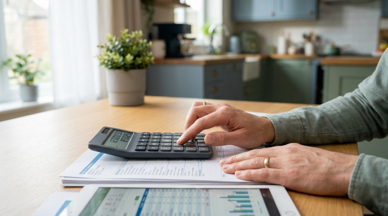 Personne Utilisant Une Calculatrice Sur Des Documents Financiers à Un Bureau, Avec Une Tablette Affichant Des Graphiques Et Une Plante En Pot En Arrière Plan.