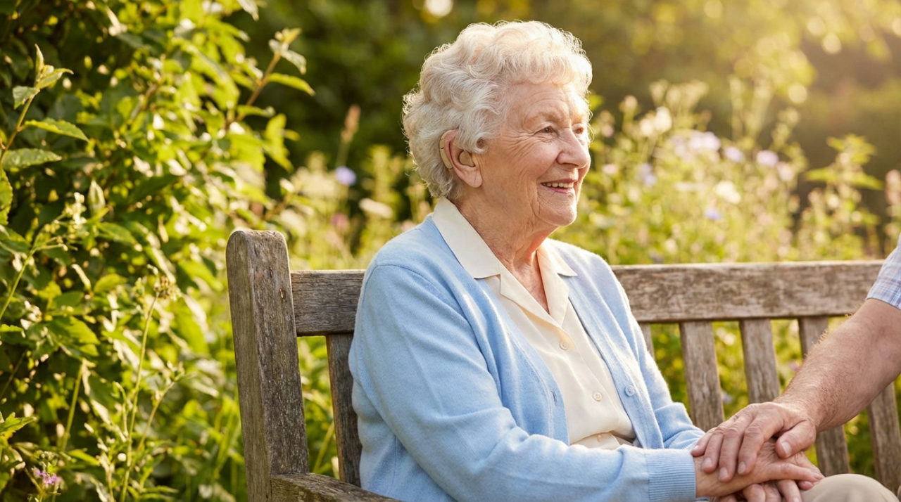 Une Femme âgée Aux Cheveux Blancs Et Vêtue D'un Gilet Bleu Est Assise Sur Un Banc En Bois En Plein Air. Elle Sourit Et Tient La Main D'une Personne Hors Du Cadre.