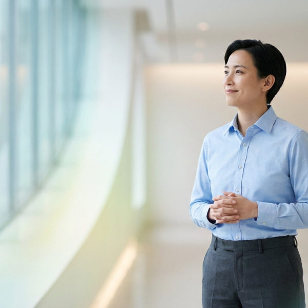 Une Personne En Tenue De Travail Se Tient Dans Un Couloir Lumineux, Regardant Par Une Grande Fenêtre Avec Une Expression Neutre Et Les Mains Jointes.