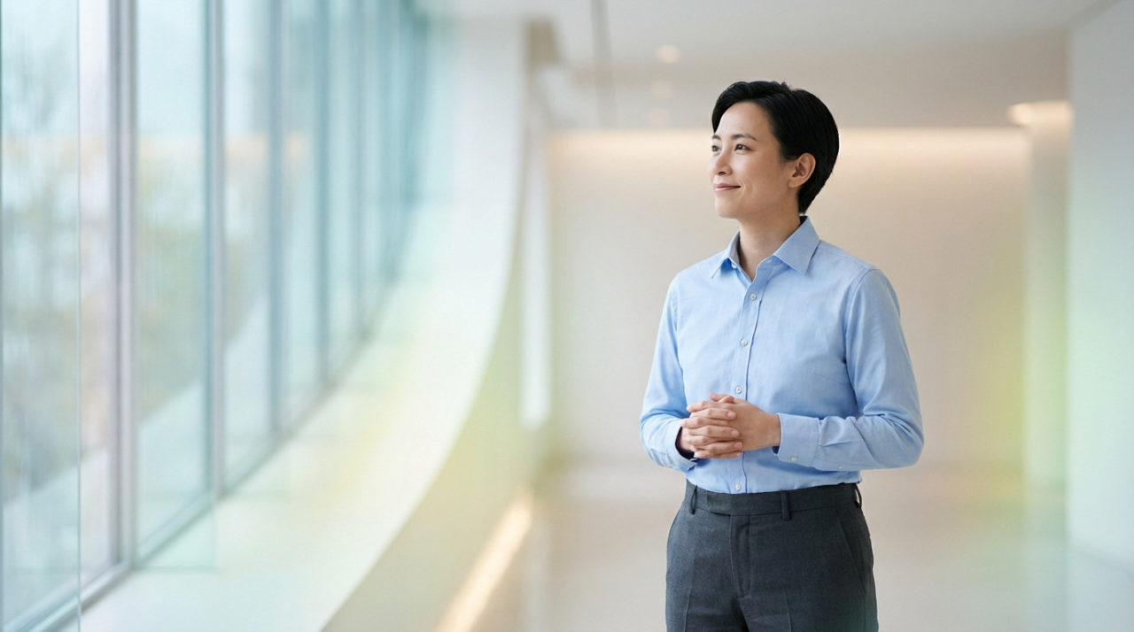 Une Personne En Tenue De Travail Se Tient Dans Un Couloir Lumineux, Regardant Par Une Grande Fenêtre Avec Une Expression Neutre Et Les Mains Jointes.