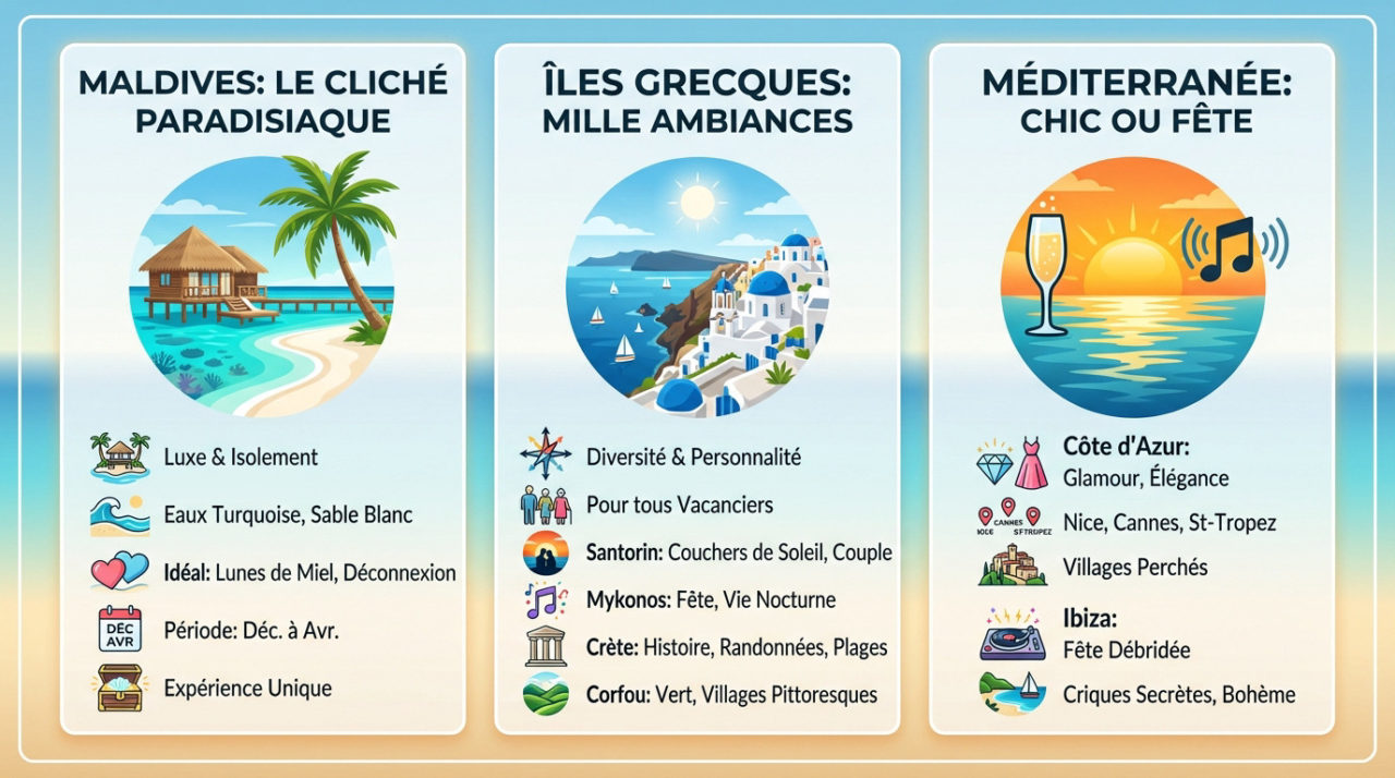 Vue paradisiaque illustrant les meilleures destinations vacances entre plages des Maldives et côtes méditerranéennes