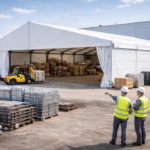 Deux Travailleurs Portant Des Gilets De Sécurité Et Des Casques Se Tiennent à L'extérieur D'une Grande Tente De Stockage Et Observent Un Chariot élévateur à Fourche Déplaçant Des Palettes à L'intérieur De L'entrepôt.
