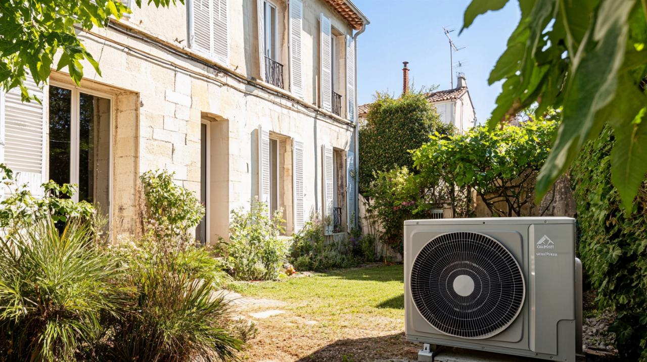 Une Pompe à Chaleur Est Installée Dans Le Jardin D'une Maison En Pierre Aux Volets Blancs, Entourée De Plantes Et De Verdure Par Une Journée Ensoleillée.