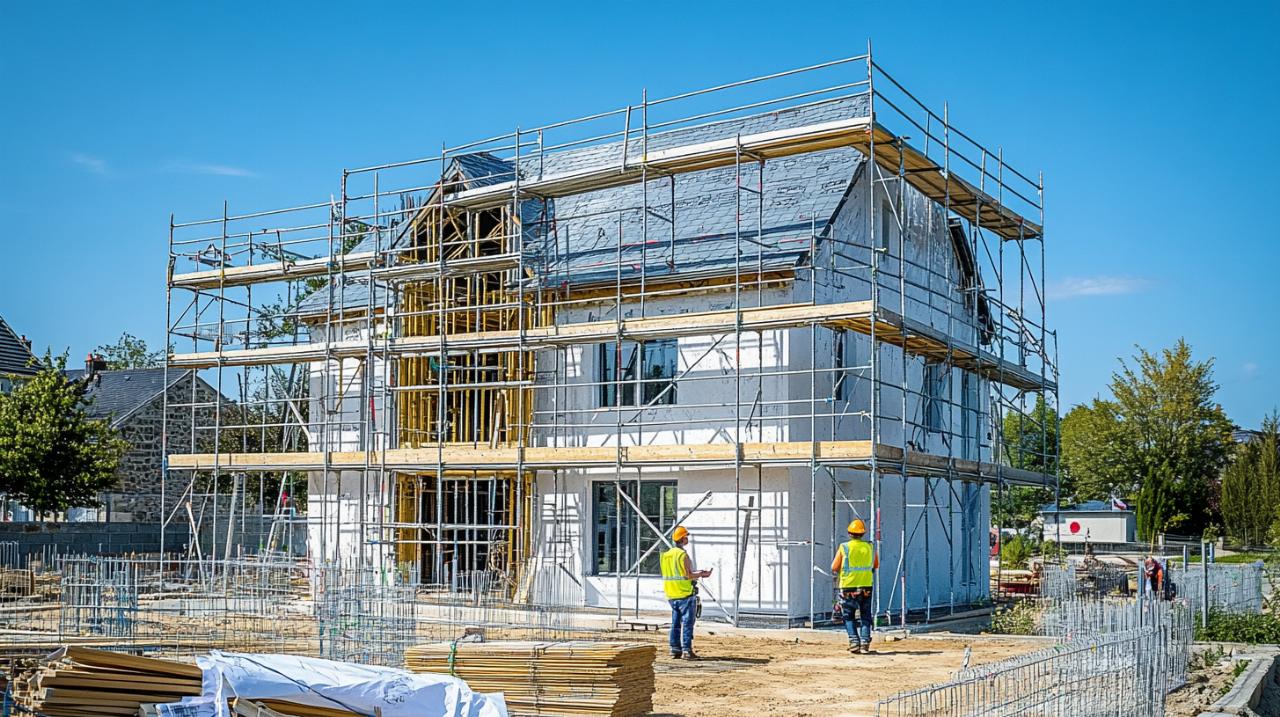 Une Maison En Construction Entourée D'échafaudages ; Deux Ouvriers Du Bâtiment Portant Des Gilets De Sécurité Et Des Casques Travaillent Sur Le Chantier.