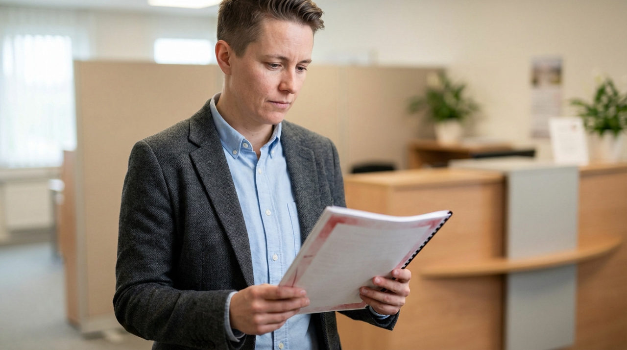 A person in a charcoal blazer and blue shirt intently reviews an official document with a red border in a modern, softly lit office.